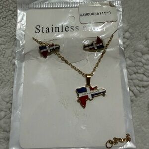 Dominican Republic Flag Map Pendant Necklace & Earring Set - Gold Tone